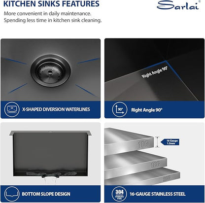 Sarlai Laundry Sink - Drop In 22"x22"x12" Deep Black Laundry Utility Sink Drop-in Topmount Single Bowl Sink 16 Gauge Stainless Steel Gunmetal Black Kitchen Laundry Room Sinks
