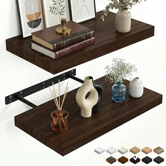 INHABIT UNION 20in Floating Shelves for Wall, Wall Mounted Shelves for Decor Storage Set of 2, Floating Shelf for Bedroom, Bathroom, Living Room and Kitchen（Dark Walnut）