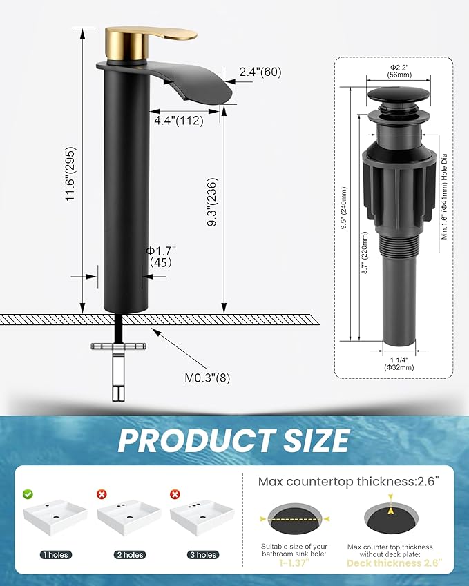 Vessel Sink Faucet Black and Gold：WOWOW Single Handle Tall Bathroom Faucet - Waterfall Single Hole Mixer Bar Tap with Large Rectangular Spout, Deck Mount Lavatory Vanity with Pop Up Drain