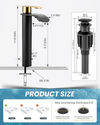 Vessel Sink Faucet Black and Gold：WOWOW Single Handle Tall Bathroom Faucet - Waterfall Single Hole Mixer Bar Tap with Large Rectangular Spout, Deck Mount Lavatory Vanity with Pop Up Drain