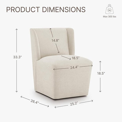 KISLOT Upholstered Dining Chairs Set of 1 with Casters, Wingback Modern Side Armless Deskchair with Rollers for Diningroom Bedroom Livingroom Reading Room, Cream Beige Fabric