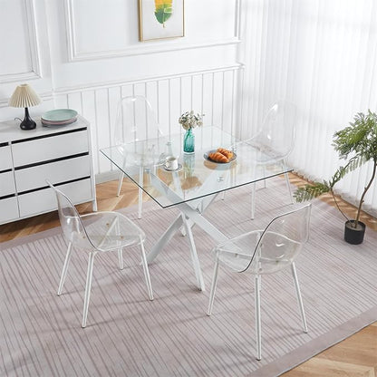 36'' Square Glass Dining Table for 2-4, X-Shape White Metal Legs, Glass Tea Table Square Kitchen Table for Small Space