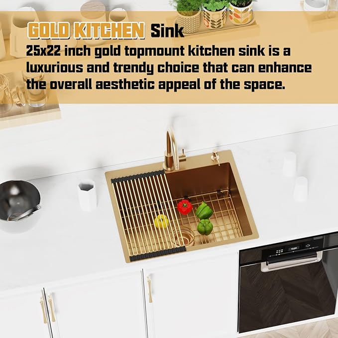 Gold 25"x22" Stainless Steel Drop-In Single Bowl Kitchen Sink - Topmount With Gold-Tone Accessories, Rack, Grid, and Drain Assembly for Modern Luxurious Look
