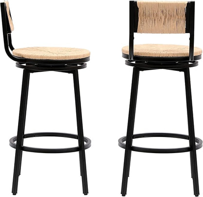 Honey Swivel Bar Stools Paper Rope Handwoven Bar stools with Back Set of 2 Rustic Round Counter Chairs for Dining Room, Kitchen Island (Honey)