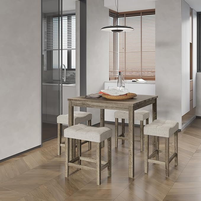 allamazing 5-Piece Counter Dinner Height Table Set, Indoor Modern Rectangular Dining Table Furniture Set for Kitchen, 35 inch Dining Table with 4 stools (1+4 Natural)