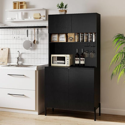 Giantex 64.5" Kitchen Pantry Cabinet with Charging Station, Tall Buffet Hutch with Storage Cabinets, Adjustable Shelf, Wine Racks, Modern Sideboard for Dining Room, Living Room, Coffee Bar, Black