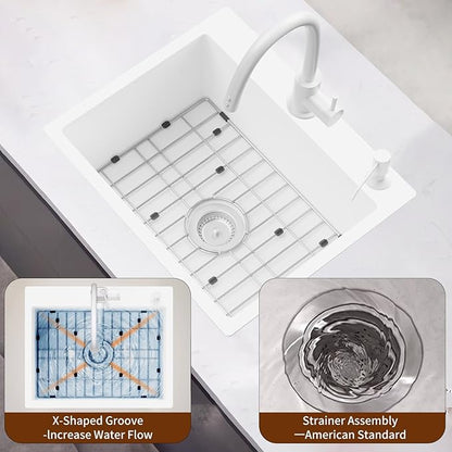 White 22x18In Kitchen And Bar Sink-Stainless Steel Drop In Single Bowl Topmount Kitchen&Bar Sink With SS Grid And Drain Assembly Clean&Bright White Bar Sink Enhance Aesthetic Appeal Of Modern Kitchen