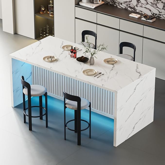 Faux Marble Dining Table, 70.9" Large Island Table with LED Lights for 4-6 People, Modern Marble Kitchen Dining Table with Grille Design for Dining Room, Living Room, White