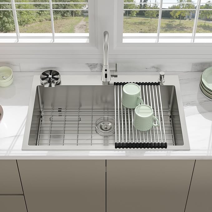33 Drop In Kitchen Sink - Beslend 33x22 Kitchen Sink Drop In with Pull-Out Faucet, Stainless Steel Sinks and Soap Dispenser Topmount 16 Gauge Single Bowl Above Counter Dish Basin 9" Deep