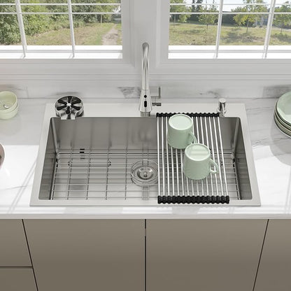 33 Drop In Kitchen Sink - Beslend 33x22 Kitchen Sink Drop In with Pull-Out Faucet, Stainless Steel Sinks and Soap Dispenser Topmount 16 Gauge Single Bowl Above Counter Dish Basin 9" Deep