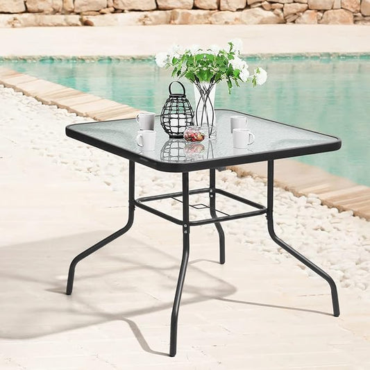 Patio Table Patio Dining Table Bistro Table Rectangular Furniture Outdoor Patio Coffee Small Balcony End Outside Console Umbrella Hole Tempered Glass Conversation Black