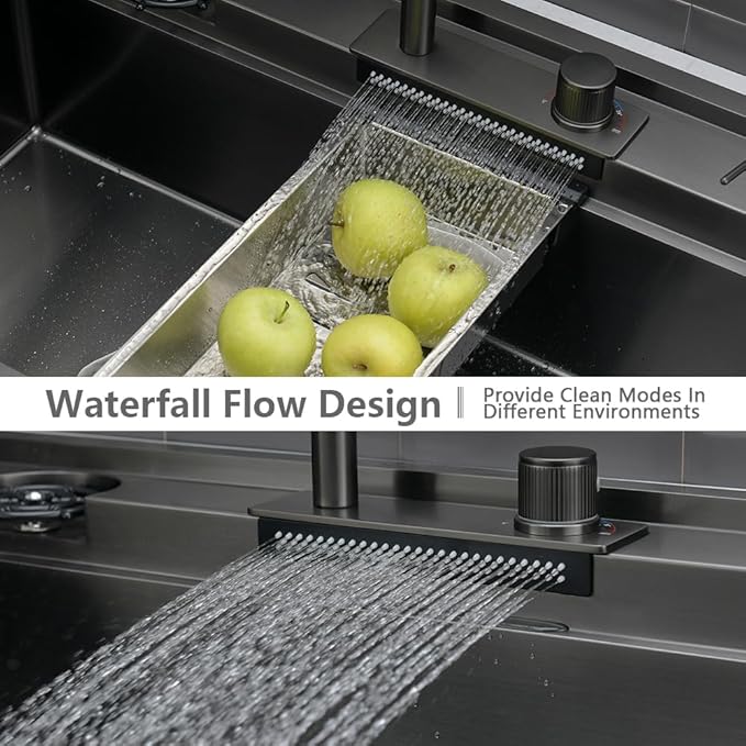 33 Black Drop In Waterfall Kitchen Sink Workstation-VASOYO 33x22 Black Stainless Steel Waterfall Kitchen Sink with Facuet and Cup Washer 16 Gauge Multifunctional Deep Single Bowl Topmount Smart Sinks
