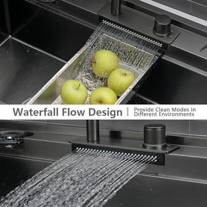 33 Black Drop In Waterfall Kitchen Sink Workstation-VASOYO 33x22 Black Stainless Steel Waterfall Kitchen Sink with Facuet and Cup Washer 16 Gauge Multifunctional Deep Single Bowl Topmount Smart Sinks