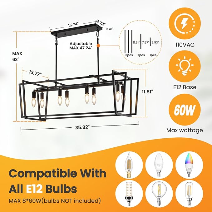 WJShome Black Chandelier, 8-Light Farmhouse Chandeliers for Dining Room, Modern Rectangle Kitchen Island Lighting, Linear Pendant Lights Kitchen Island, Dining Room Light Fixtures Over Table