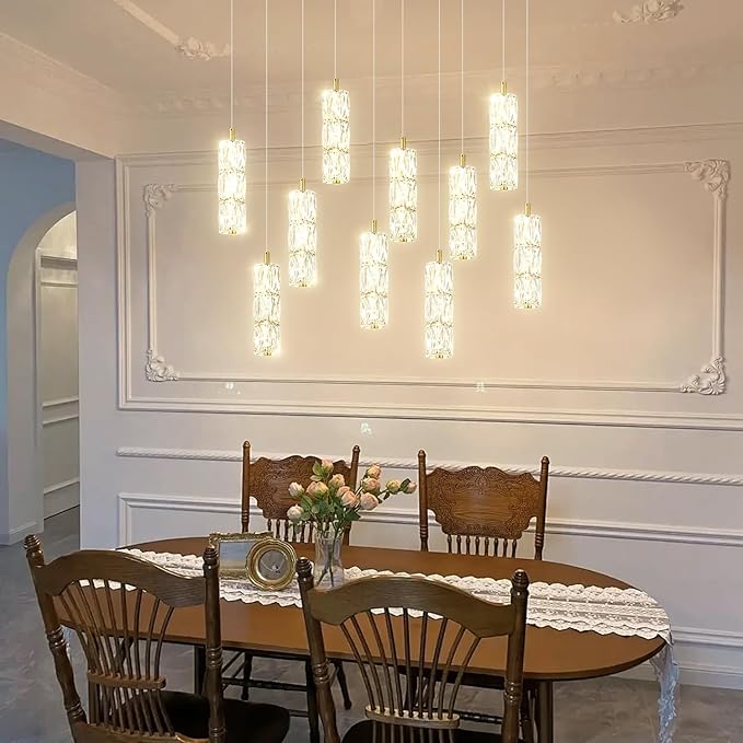 ykolupty Modern Crystal Chandelier 10-Lights Rectangle Pendant Light LED Dimmable Gold Linear Chandelier Flush Mount Crystal Pendant Light for Living Room Dining Room Foyer