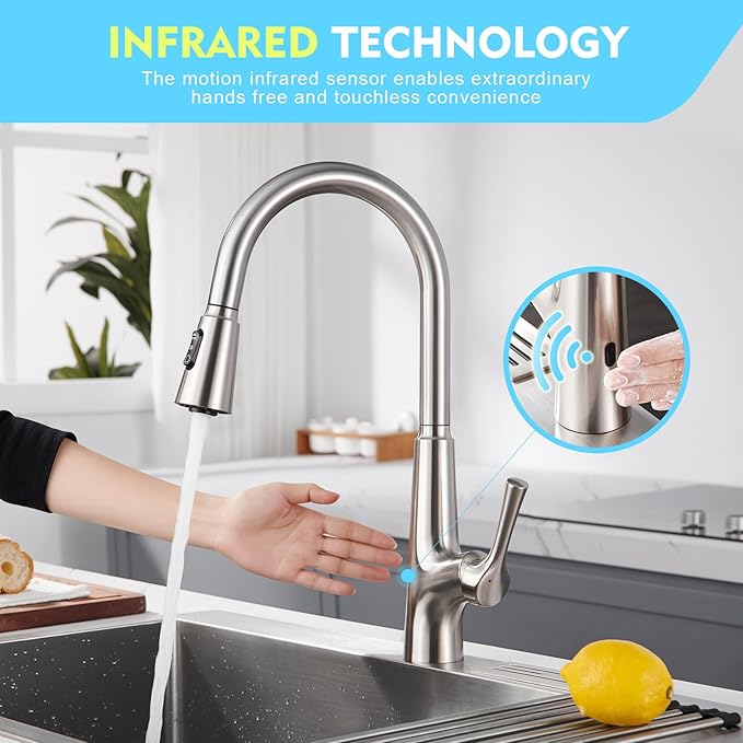 CREA Touchless Sensor Kitchen Faucet with Pull Down Sprayer, Brushed Stainless Steel Kitchen Sink Faucet, 360° Swivel Single Handle with Deck Plate for 1 or 3 Holes