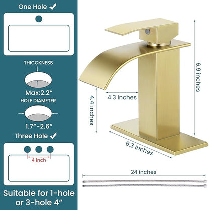 Bathroom Faucets Brushed Gold Waterfall Bathroom Sink Faucet Modern Single Handle Bathroom Faucet for 1 or 3 Hole Mxier Tap Washbasin Faucet with Deck, Pop-up Drain and Supply Hoses