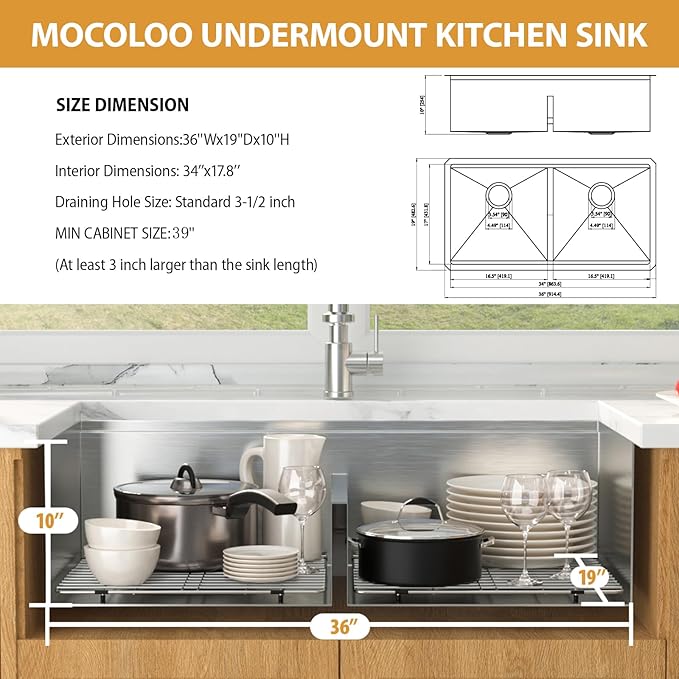 Mocoloo 36 Inch Undermount Double Bowl Kitchen Sink - 36 x 19 Workstation 16 Gauge Stainless Steel Low Divide 50/50 Bowl Handmade with 2 Basins