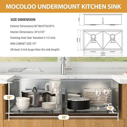 Mocoloo 36 Inch Undermount Double Bowl Kitchen Sink - 36 x 19 Workstation 16 Gauge Stainless Steel Low Divide 50/50 Bowl Handmade with 2 Basins