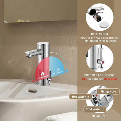 Automatic Touchless Bathroom Sink Faucet Motion Activated Sensor Hands Free Auto Off 1 Hole Commercial Infrared Brass Basin Faucets Adjustable Cold Hot Single Handle Water Mixer（Chrome）