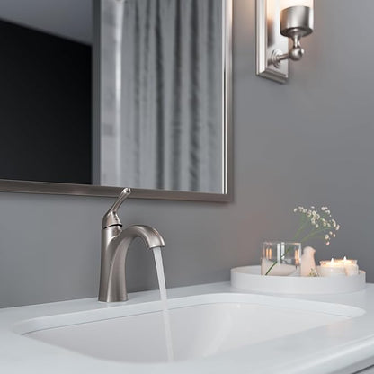 Pfister Willa Single Handle Bathroom Sink Faucet 1 Hole NSF Certified Spot Defense Brushed Nickel Finish with Push & Seal Drain WaterSense Compliant Vanity Faucet LF042MALGS