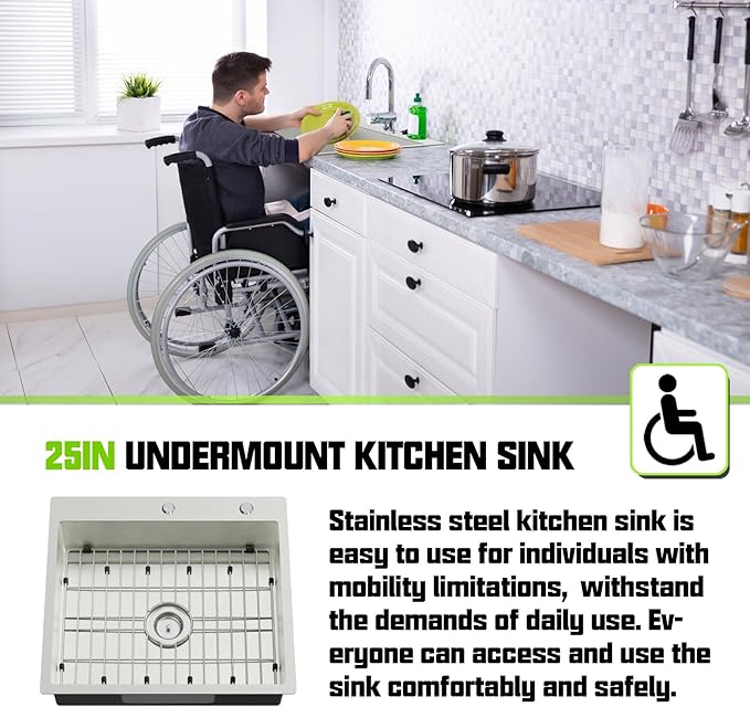 Stainless Steel Kitchen Sink, 25x22x6 Inch Low Height Design Single Bowl Drop In Topmount Kitchen Sink Come With Accessories Ensure Individuals With Limited Mobility Easily Accessing And Using