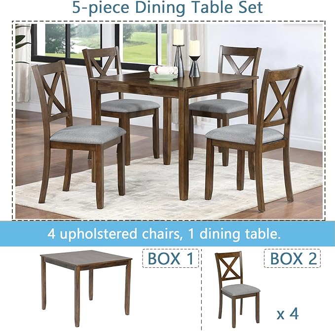 5-Piece Solid Wood Dining Table Set with 4 Upholstered Chairs, Square Kitchen Table Set for 4, Modern Dining Room Table and Chairs Set of 4 for Kitchen and Dining, Walnut