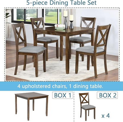 5-Piece Solid Wood Dining Table Set with 4 Upholstered Chairs, Square Kitchen Table Set for 4, Modern Dining Room Table and Chairs Set of 4 for Kitchen and Dining, Walnut