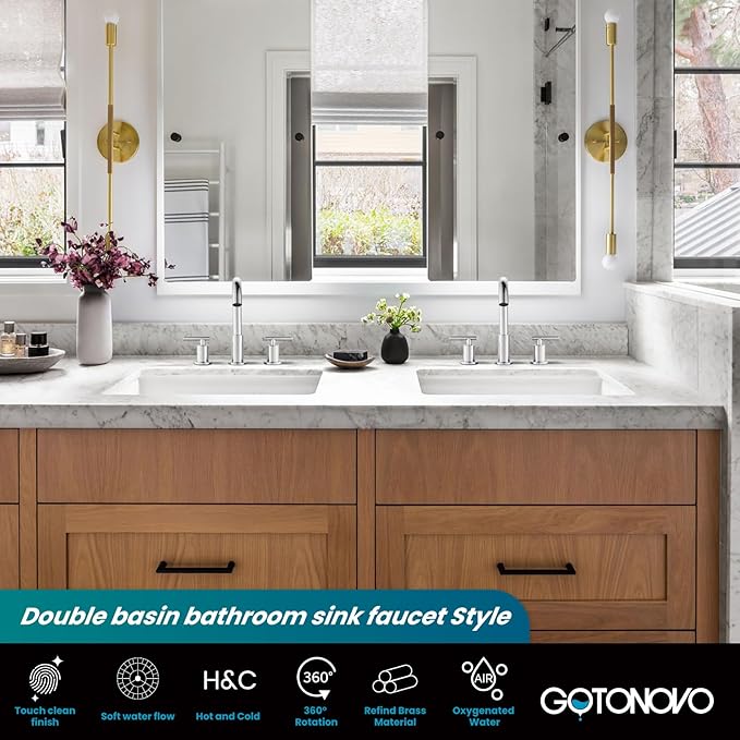 gotonovo 3 Hole 2 Handles Lavatory Basin Bathroom Sink Faucet with Pop Up Drain with Hot and Cold Mixer Valves 8 Inch Widespread Bathroom Faucet Polish Chrome