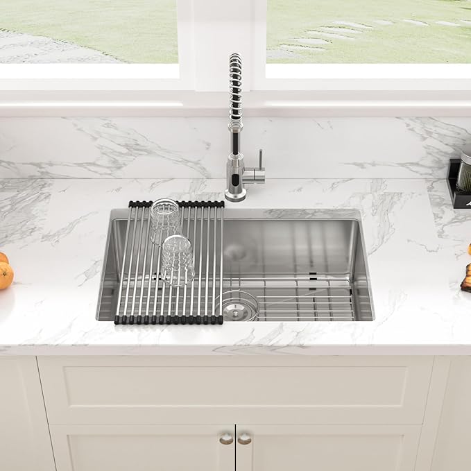 Sarlai 27 Undermount Kitchen Sink - 27 x 18 Kitchen Sink Undermount Single Bowl 16 Gauge Stainless Steel Under Counter Kitchen Sinks Round Corner Basin