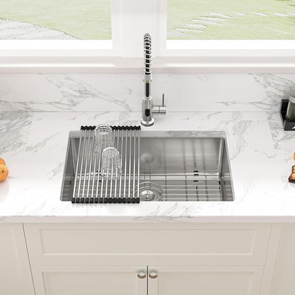 Sarlai 27 Undermount Kitchen Sink - 27 x 18 Kitchen Sink Undermount Single Bowl 16 Gauge Stainless Steel Under Counter Kitchen Sinks Round Corner Basin