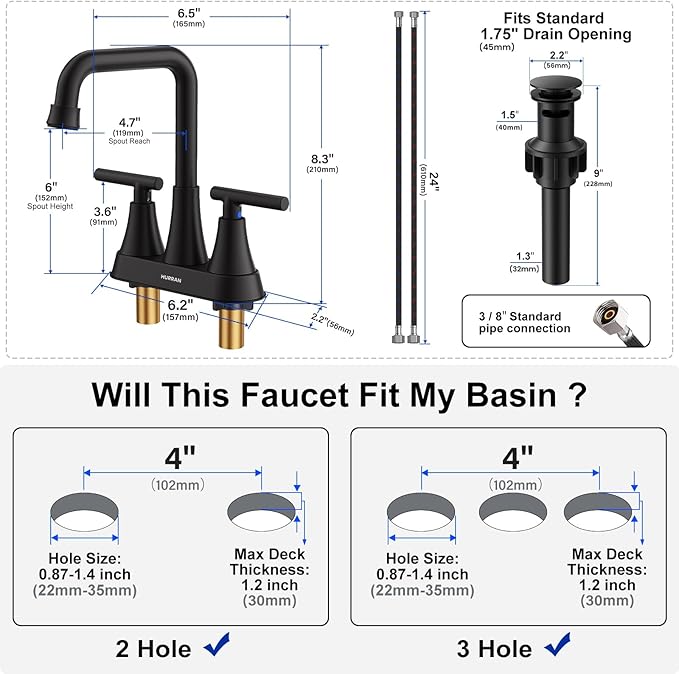 Matte Black Bathroom Sink Faucet, Hurran 4 inch Bathroom Faucets for Sink 3 Hole with Pop-up Drain and Supply Lines, Stainless Steel 2-Handle Centerset Faucet for Vanity RV Restroom