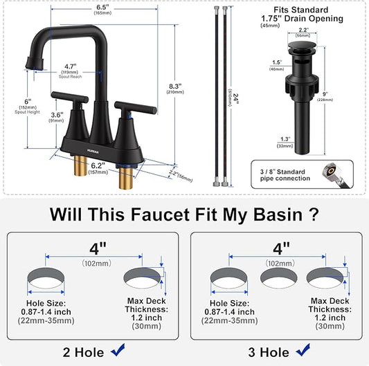 Matte Black Bathroom Sink Faucet, Hurran 4 inch Bathroom Faucets for Sink 3 Hole with Pop-up Drain and Supply Lines, Stainless Steel 2-Handle Centerset Faucet for Vanity RV Restroom