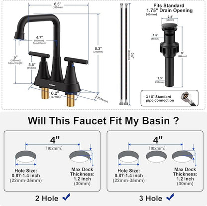 Matte Black Bathroom Sink Faucet, Hurran 4 inch Bathroom Faucets for Sink 3 Hole with Pop-up Drain and Supply Hoses, 360 Swivel Spout Centerset Faucet for Vanity RV Farmhouse, 2 Pack