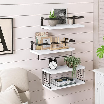 Fixwal Wall Mounted Bathroom Shelves Over Toilet, Rustic Wood Floating Shelves with Metal Frame and Towel Bar for Bathroom, Kitchen, Bedroom, Living Room (White)
