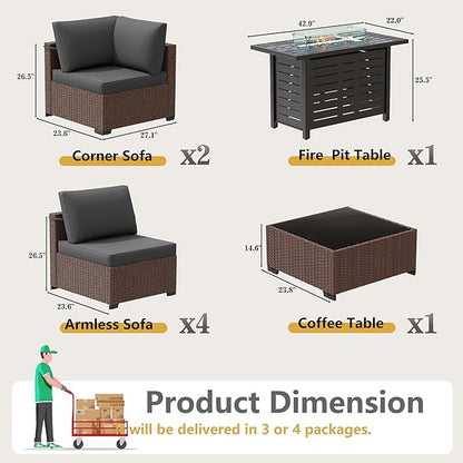 LOUVIXA 8 Piece Outdoor Patio Furniture Set, Outdoor Sectional Sofa with Firepit Table, Wicker Rattan Patio Furniture, Patio Conversation Set with Coffee Table & Cushions