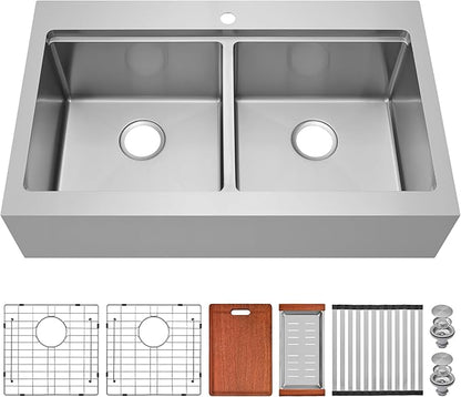Farmhouse Kitchen Sink 33 x 22 Drop In, 50/50 Double Bowl Farm Sinks, 16 Gauge Stainless Steel Workstation Sink with Ledge & Accessories, 33" x 22" x 10" Large and Deep Double Sink