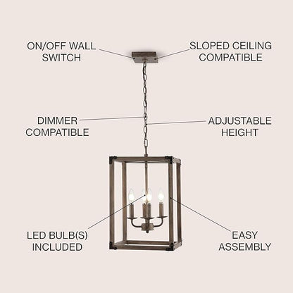 JONATHAN Y 12" Brown/Oil Rubbed Bronze Rustic Farmhouse 4-Light LED Pendant, Adjustable Iron Lantern Chandelier for Kitchen Island, Barnwood Wood Grain Finish JYL7475A