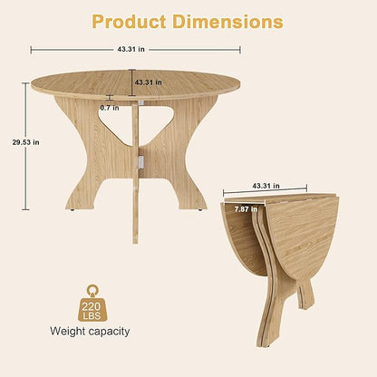GDFStudio 43" Folding Dining Table for Small Spaces, Round Wood Kitchen Table with Ancient Oak Veneer, Space-Saving Foldable Table for Indoor & Outdoor Use, French Country & Beach Style