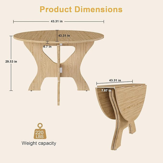 GDFStudio 43" Folding Dining Table for Small Spaces, Round Wood Kitchen Table with Ancient Oak Veneer, Space-Saving Foldable Table for Indoor & Outdoor Use, French Country & Beach Style