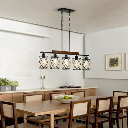 Farmhouse Dining Room Light Fixture: Modern 5-Light Kitchen Island Hanging Lighting with Metal Lampshade, Matte Black Industrial Linear Chandelier Over Table