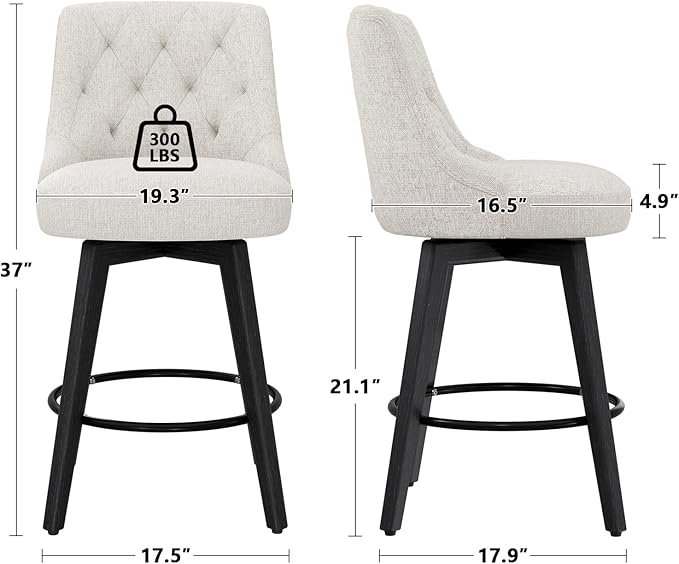 Vipbear Swivel Bar Stools Set of 2, Updated Thickened Upholstered Fabric Counter Height Barstools with Backs, Solid Wood Legs, 26" Modern Bar Height Stools for Kitchen Island, Dining Room, Dark Beige