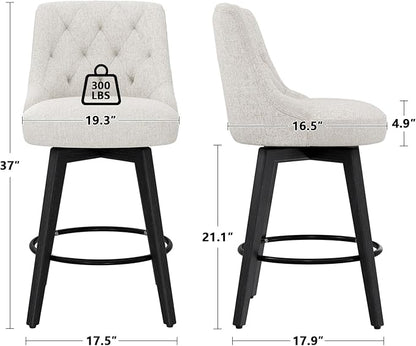 Vipbear Swivel Bar Stools Set of 2, Updated Thickened Upholstered Fabric Counter Height Barstools with Backs, Solid Wood Legs, 26" Modern Bar Height Stools for Kitchen Island, Dining Room, Dark Beige