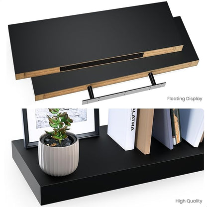 Ballucci Floating Shelves for Wall, 24" Wood Wall Shelf Set of 2, with Invisible Brackets for Bathroom, Living Room, Bedroom, Kitchen, Nursery, 8" Deep, Black