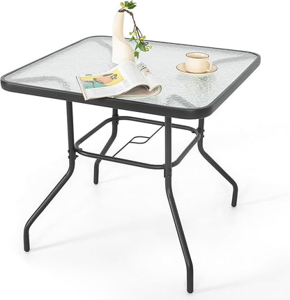NUU GARDEN 31.5" Square Patio DiningTable, Patio Table with Umbrella Hole, Patio Dining Table with Tempered Glass, Outdoor Dining Tables, Square Patio Table for Balcony,Black