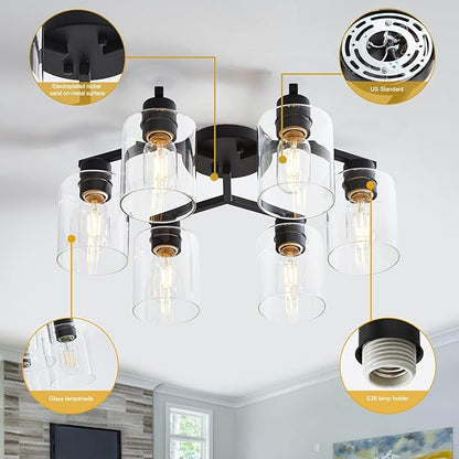 6 Light Semi Flush Mount Ceiling Light Black Kitchen Lighting Fixtures Ceiling Industrial Large Cieling Light Fixtures, with Clear Glass Shade for Dining Room Living Room Kitchen Island Farmhouse