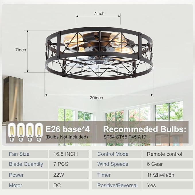 ZYD Caged Ceiling Fan with Light, 20" Ceiling Fan with Lights and Remote Flush Mount, Bladeless Caged Ceiling Fans with Lights, Matte Black Rustic Fan for Bedroom, Kitchen, Dining Room