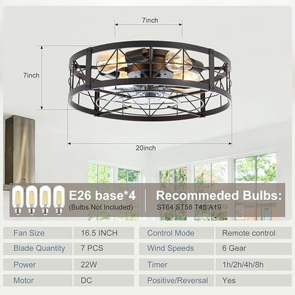 ZYD Caged Ceiling Fan with Light, 20" Ceiling Fan with Lights and Remote Flush Mount, Bladeless Caged Ceiling Fans with Lights, Matte Black Rustic Fan for Bedroom, Kitchen, Dining Room