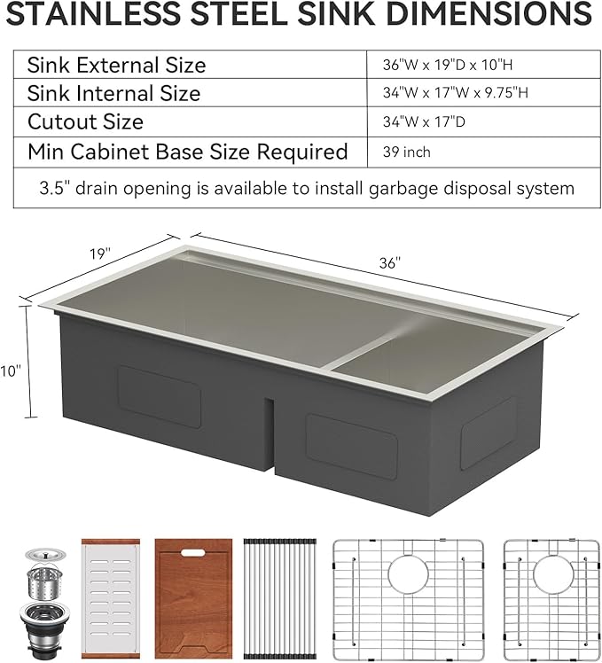 Lordear 36 Inch Double Bowl Kitchen Sink Ledge Workstation Sinks Double Bowl 60/40 Low Divide 16 Gauge Stainless Steel 36x19 Inch Undermount Kitchen Sinks