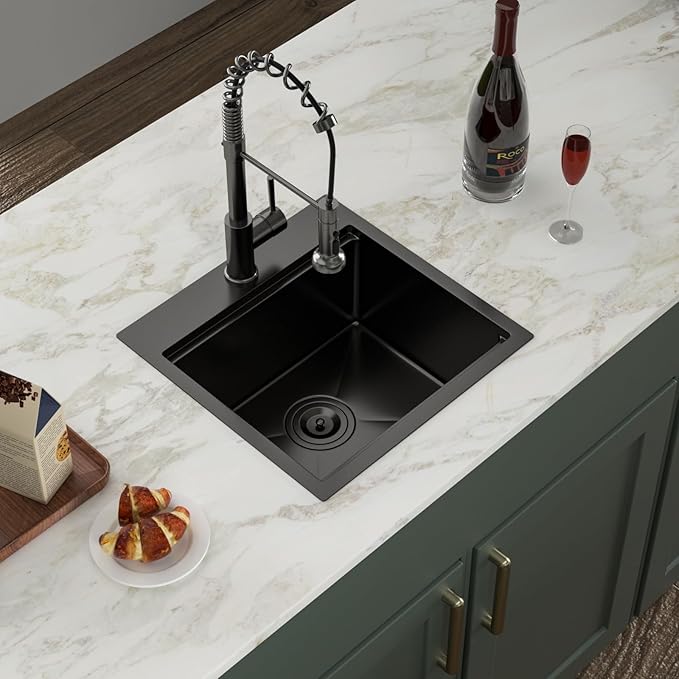 Logmey 18" Square Drop in Bar Sink,PVD Nano Gun Black 16 Gauge Stainless Steel,18x18x9 All in One Workstation Sink for Kitchen Prep,RV,Wet Bar & Outdoor